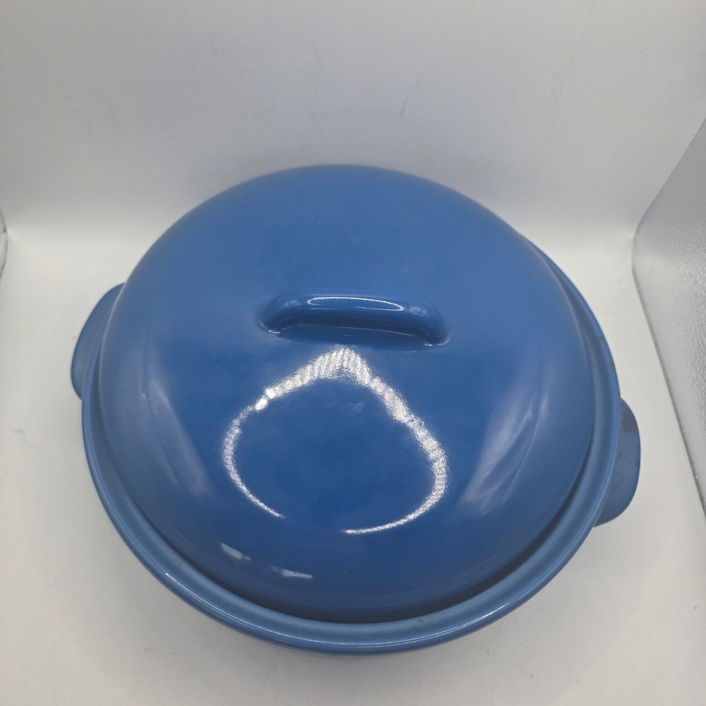 Vintage Blue Ceramic Stoneware Steamer Roaster Covered Dish Vented Insert